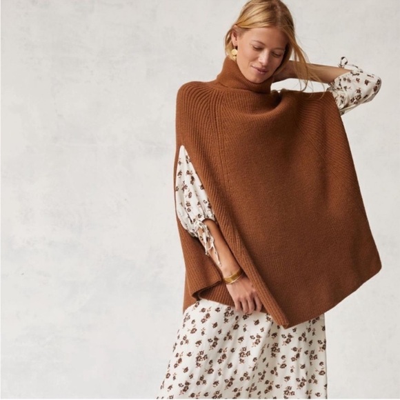 Anthropologie Sweaters - Anthropologie Ribbed Knit Poncho Turtleneck Sweater Layering Brown Women's OS